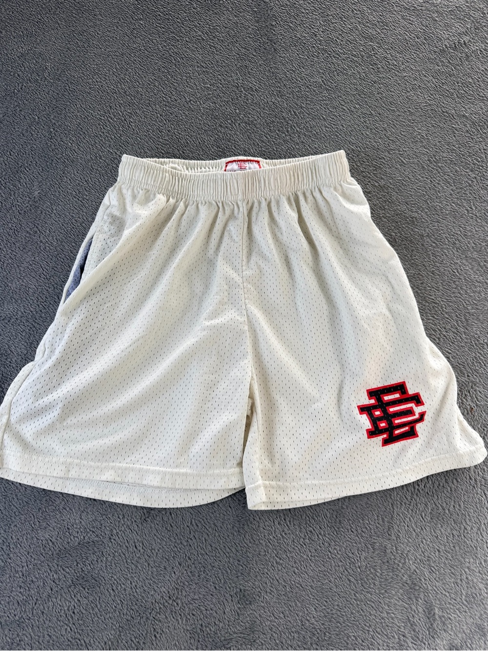 Youth White Mesh Eric Emanuel Athletic Shorts with Red Logo Accent